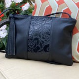 Black Floral / Leather Crossbody - Shoulder Handbag